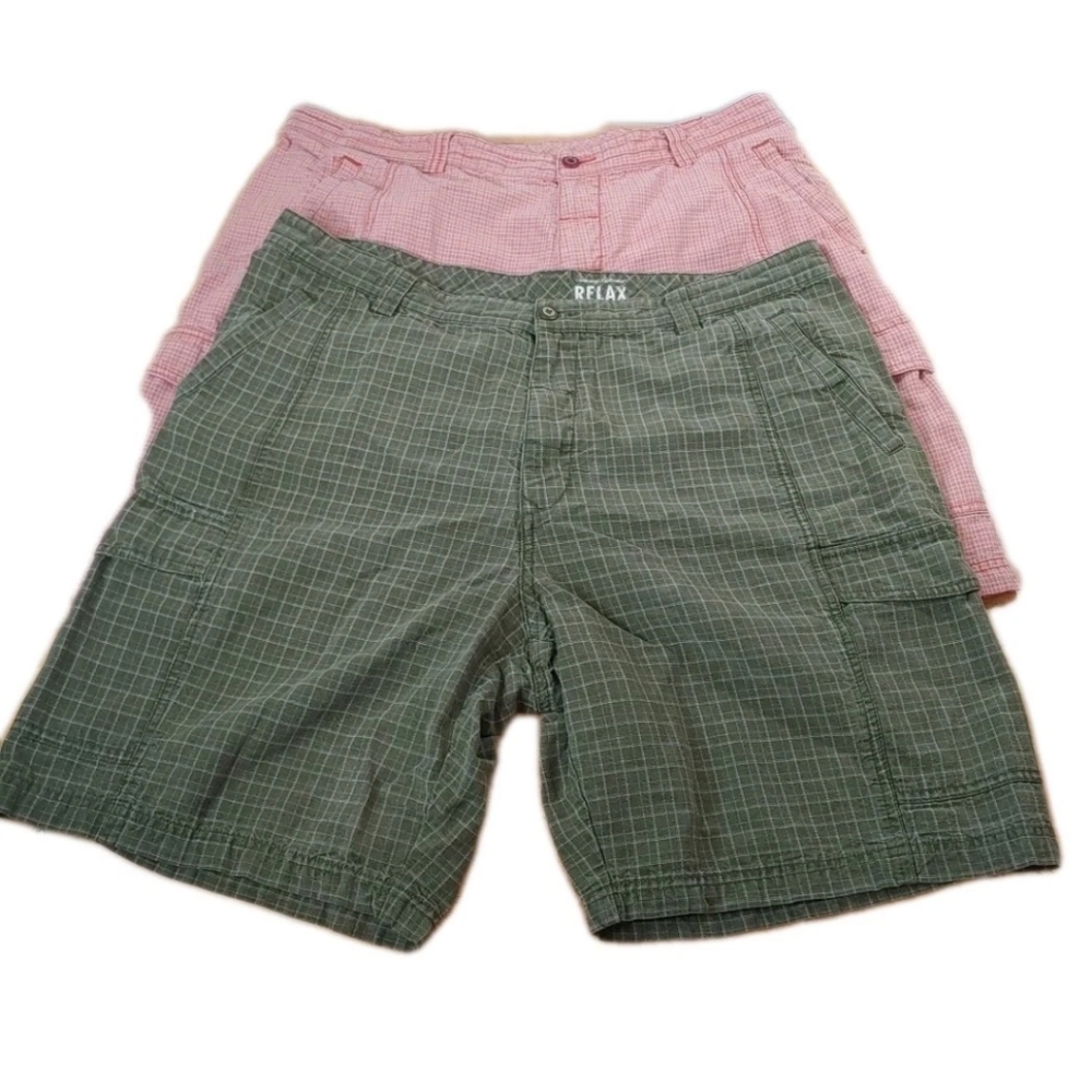 2 Tommy Bahama Relax Cargo Shorts Men Sz 38 Green Coral Plaid Casual Golf Preppy